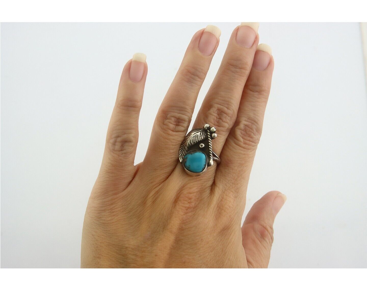 Navajo Ring 925 Sterling Turquoise Handmade Signed Big B C.80's Size 6.75