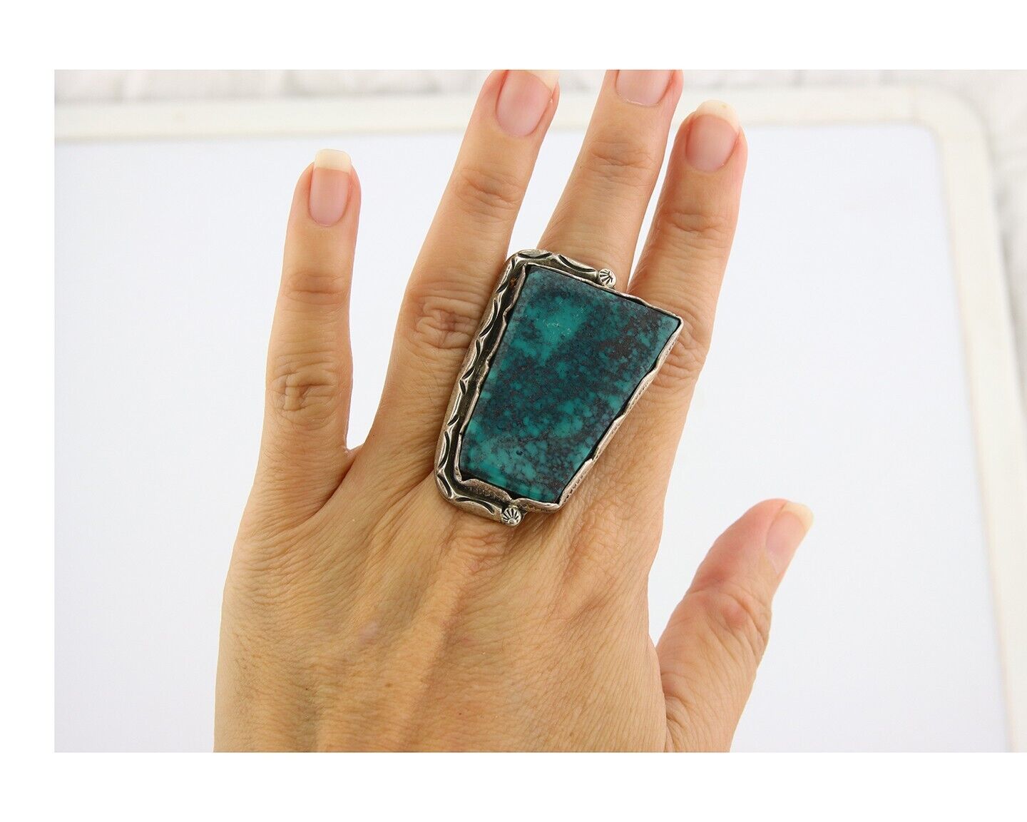 Navajo Ring 925 Sterling Natural Blue Turquoise Native Artist C.80's Size 7.5+