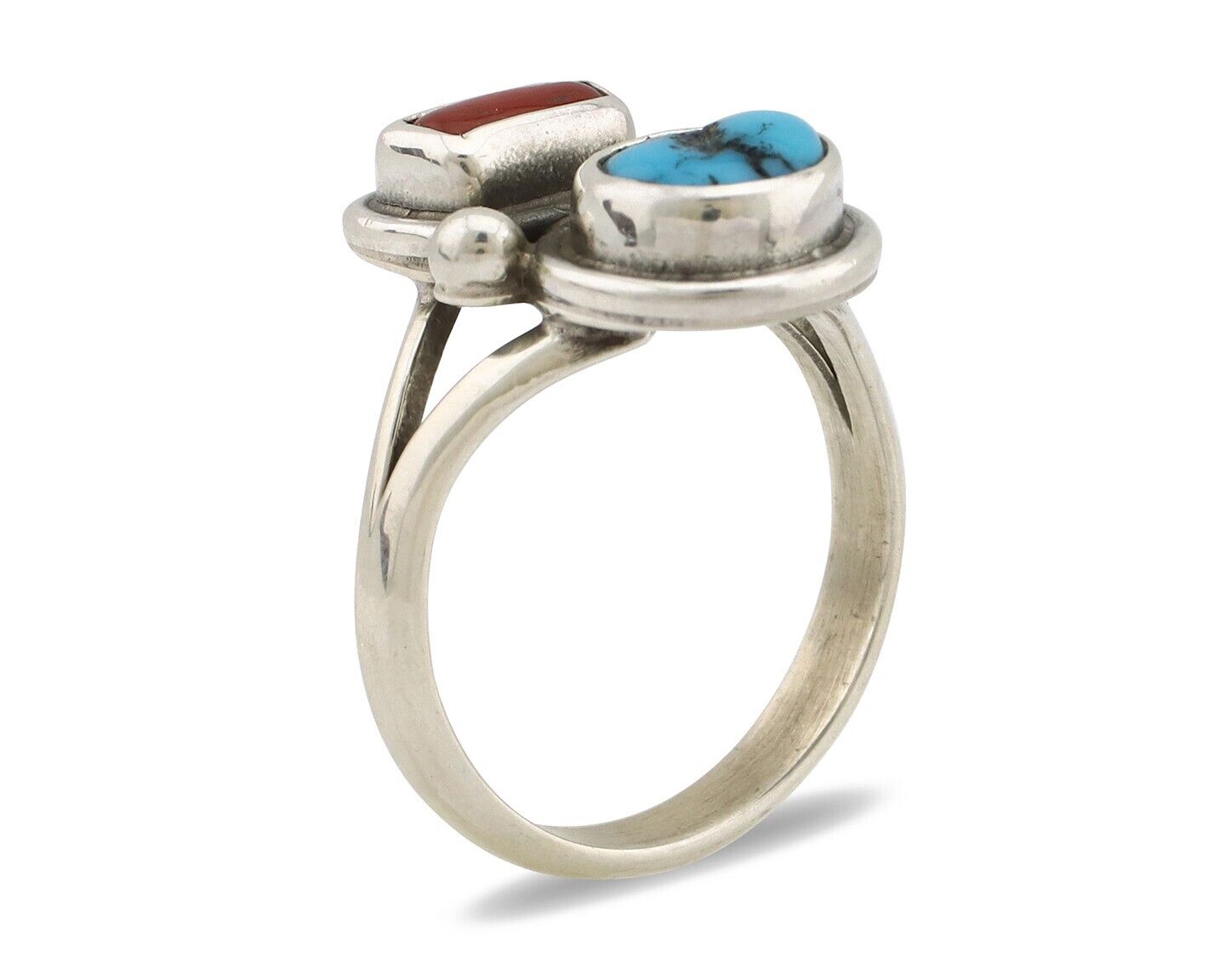Navajo Ring 925 Silver SB Turquoise & Red Coral Native American Artist C.80s
