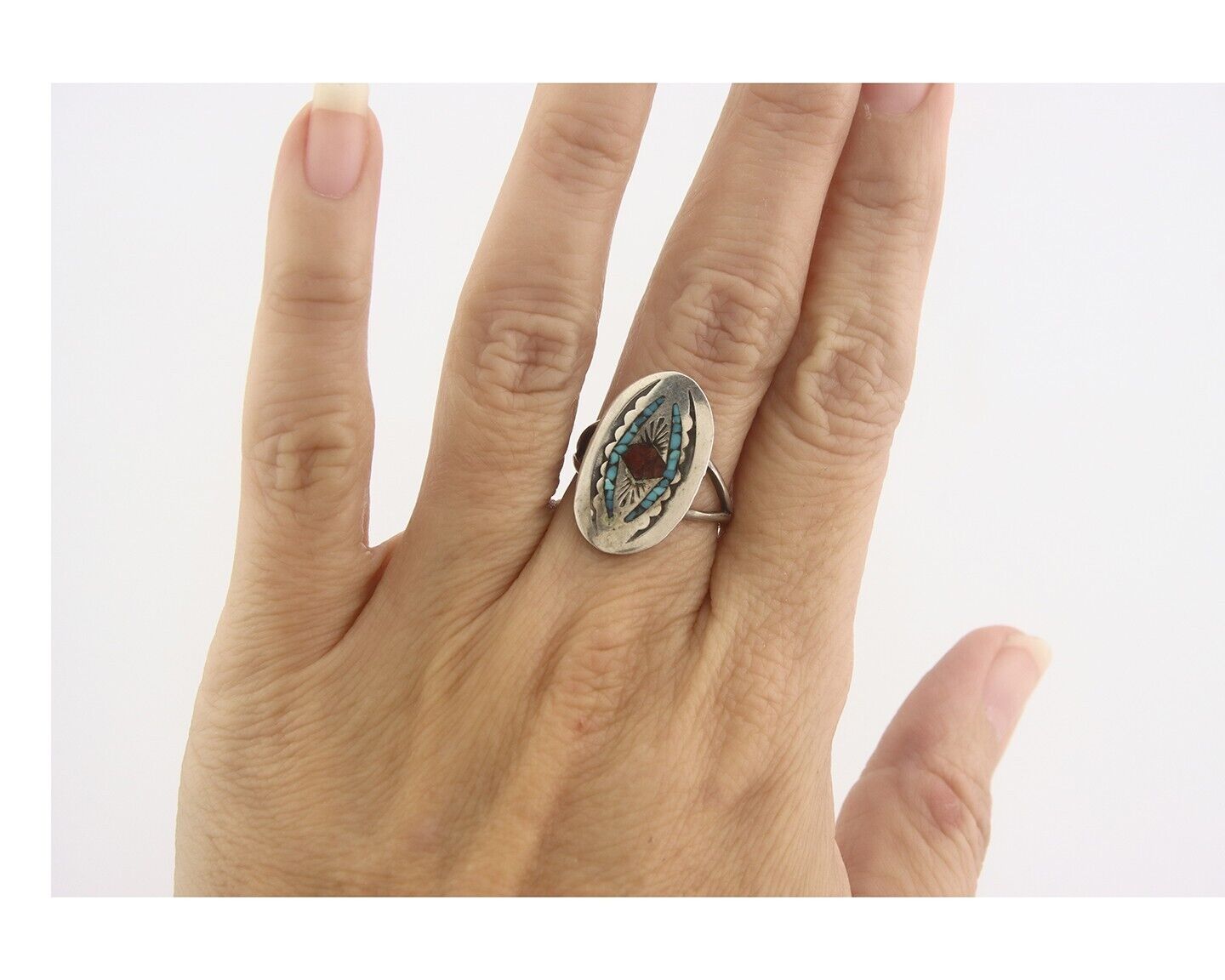 Navajo Ring 925 Sterling Natural Chip Inlay Coral & Turquoise C.80's Size 6.0