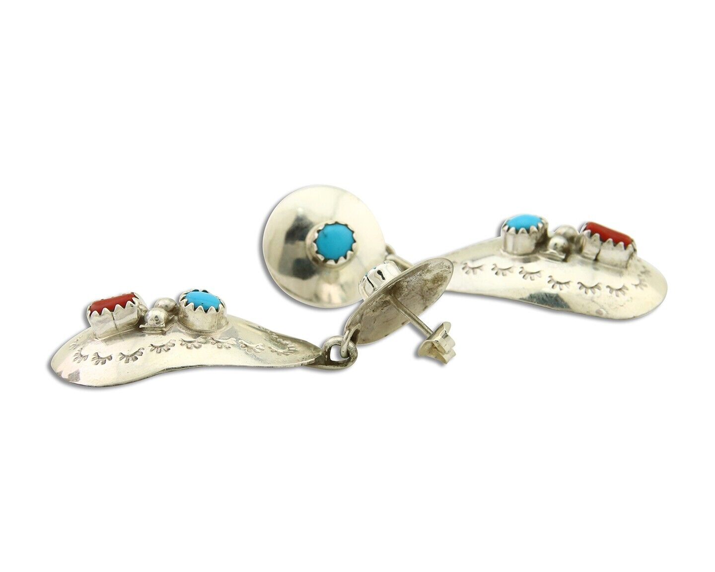 Navajo Earrings 925 Silver Turquoise & Coral Artist Signed Leeann Lee C.80's