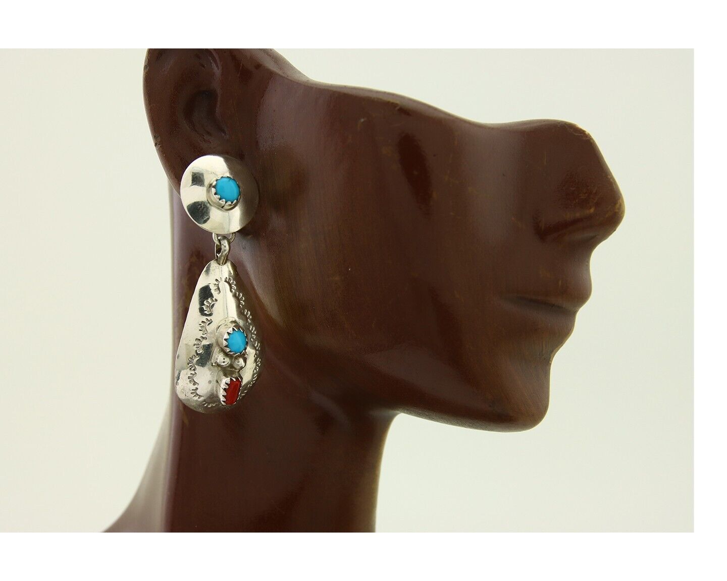 Navajo Earrings 925 Silver Turquoise & Coral Artist Signed Leeann Lee C.80's