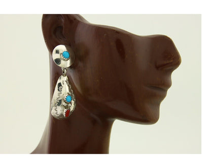 Navajo Earrings 925 Silver Turquoise & Coral Artist Signed Leeann Lee C.80's