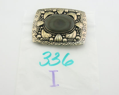 Navajo Belt Buckle .999 Nickel Agate Native Artist Handmade 2.5 x 3.0 in C.80s