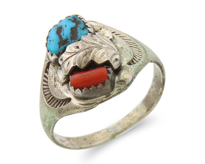 Navajo Ring 925 Sterling Turquoise & Coral Native Artist C.80's Size 10.75