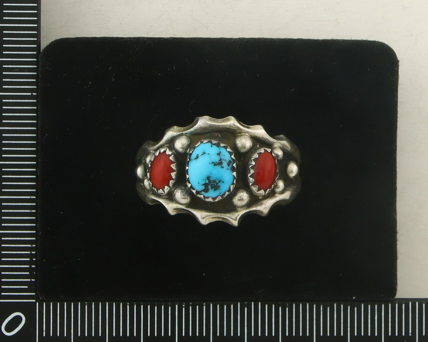 Men Navajo Ring 925 Sterling Natural Coral & Turquoise Signed SC C.80's Sz 11.75
