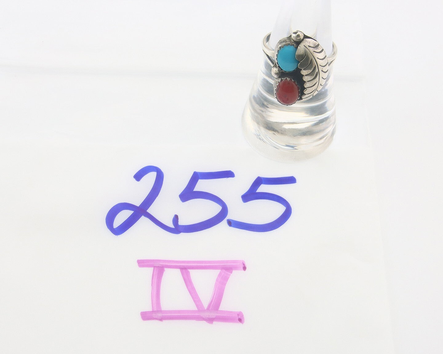 Navajo Ring 925 Sterling Natural Coral & Turquoise Signed BB C.80's Size 7.0