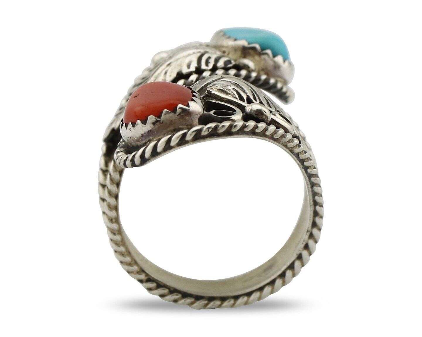 Navajo Adjustable Ring 925 Silver Turquiose & Coral Artist Signed R C.80's