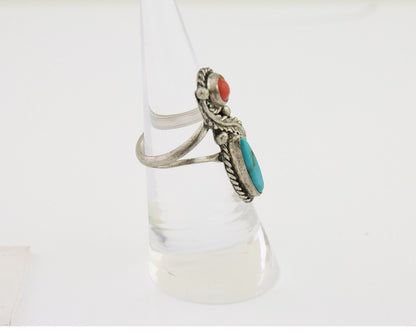 Navajo Handmade Ring 925 Silver Coral & Turquoise Native Artist C.80's