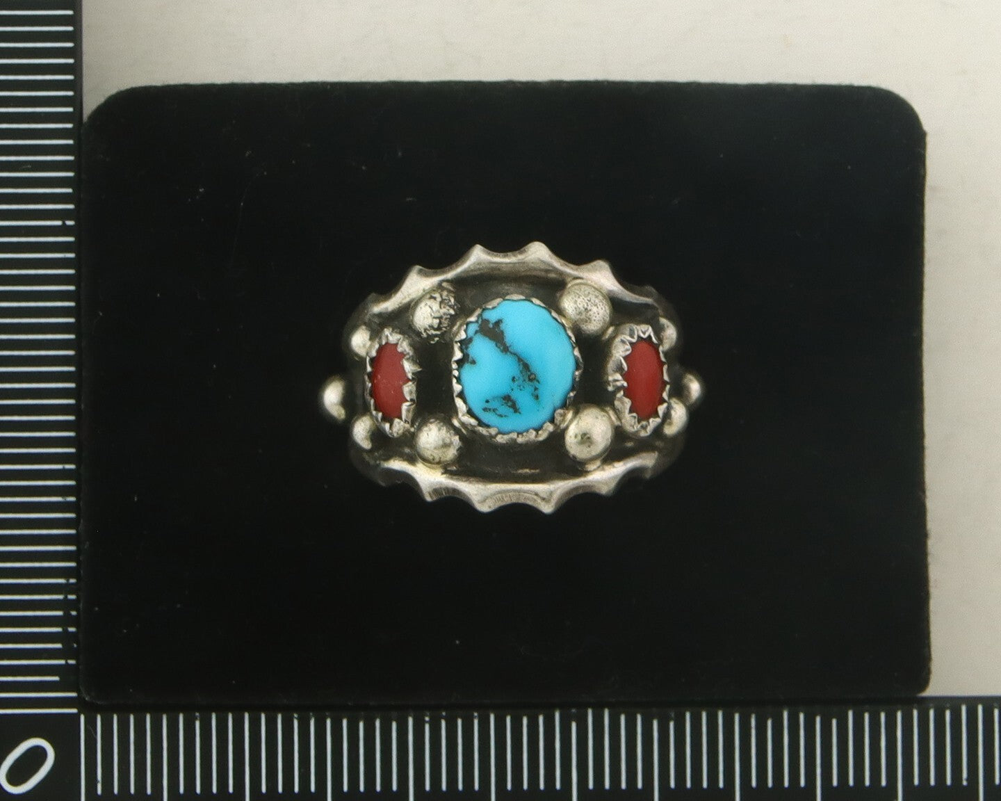 Men Navajo Ring 925 Sterling Natural Coral & Turquoise Signed C C.80's Size 8.0
