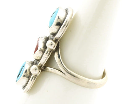 Navajo Ring 925 Silver Sleeping B Turquoise & Coral Native American Artist C.80s