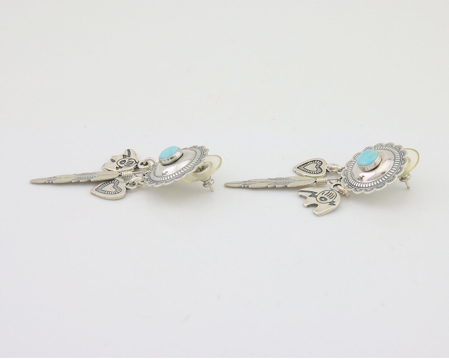 Navajo Concho Dangle Bear Feather Heart Earrings 925 Silver Natural Turquoise