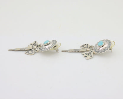 Navajo Concho Dangle Bear Feather Heart Earrings 925 Silver Natural Turquoise