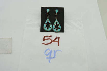Zuni Dangle Earrings 925 Silver Natural Turquoise Native American Artist C.80's