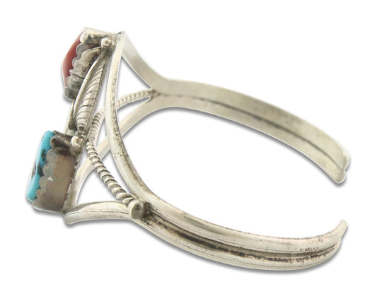Vintage Navajo Bracelet 925 Silver Red Coral Turquoise Signed Paul J