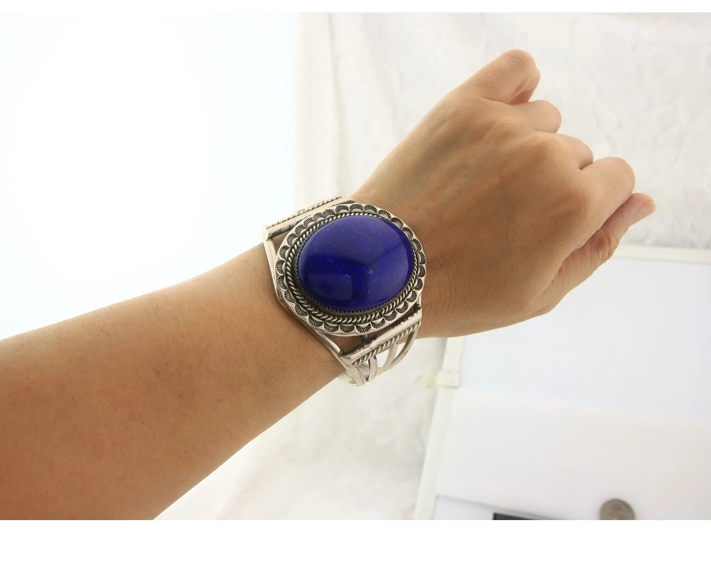 Navajo Cuff Bracelet Sterling Silver Natural Lapis Vintage Signed J Nelson