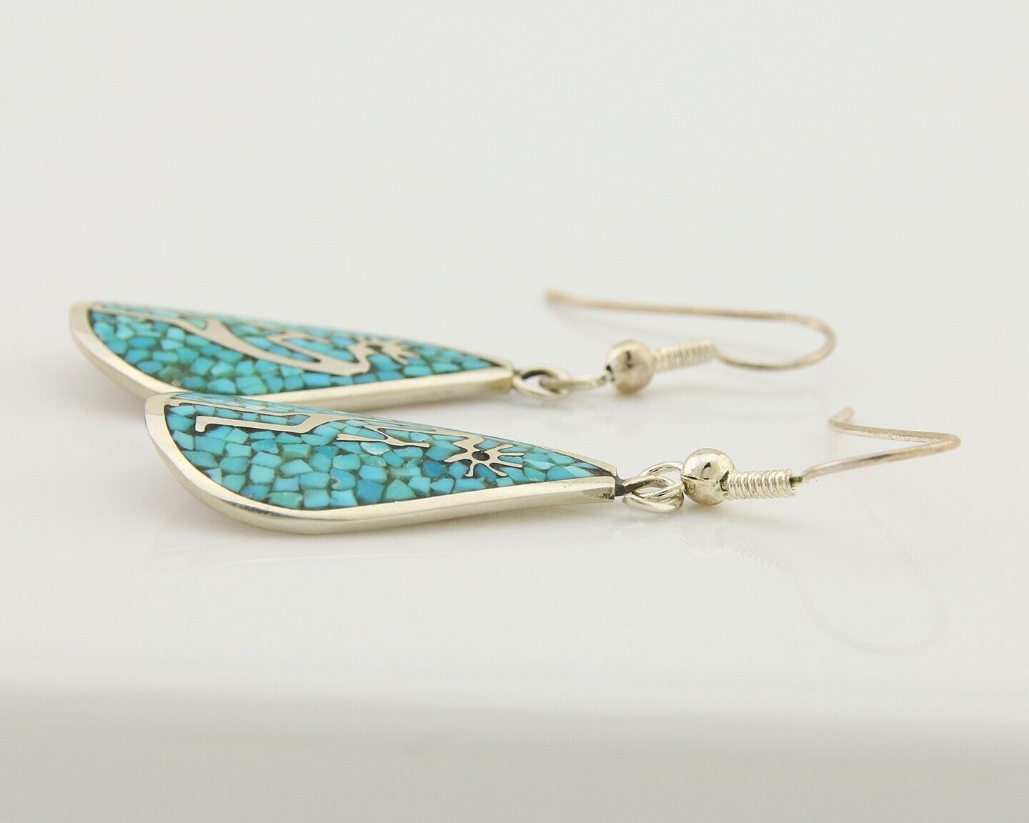 Navajo Kokopelli Earrings 999 Nickel Chip Inlay Turquoise Coral Native American