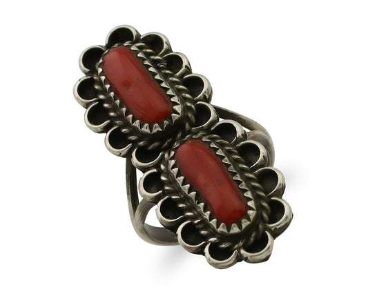 Navajo Ring 925 Silver Mediterranean Coral Native American Artist C.80's