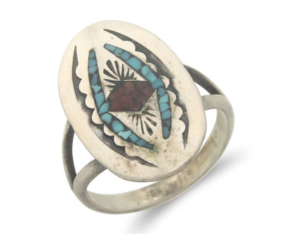 Navajo Ring 925 Sterling Natural Chip Inlay Coral & Turquoise C.80's Size 6.0