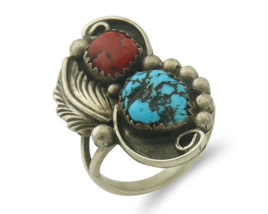 Vintage Navajo Ring 925 Sterling Natural Coral & Turquoise Native Artist Sz 7.25