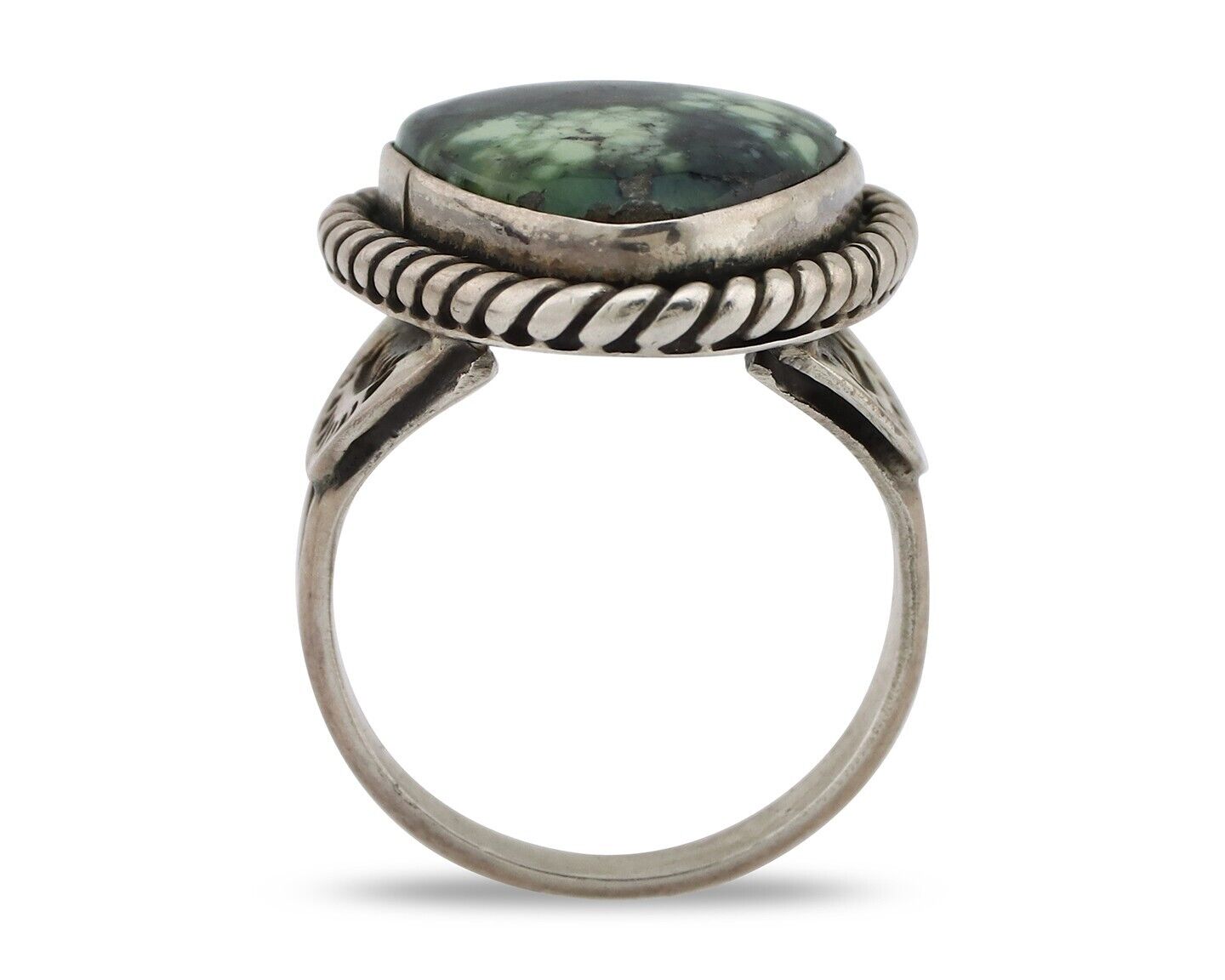 Navajo Ring 925 Silver Green Spiderweb Turquoise Artist Signed Rising Sun C.80's