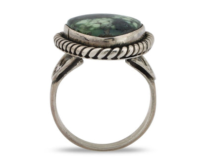 Navajo Ring 925 Silver Green Spiderweb Turquoise Artist Signed Rising Sun C.80's