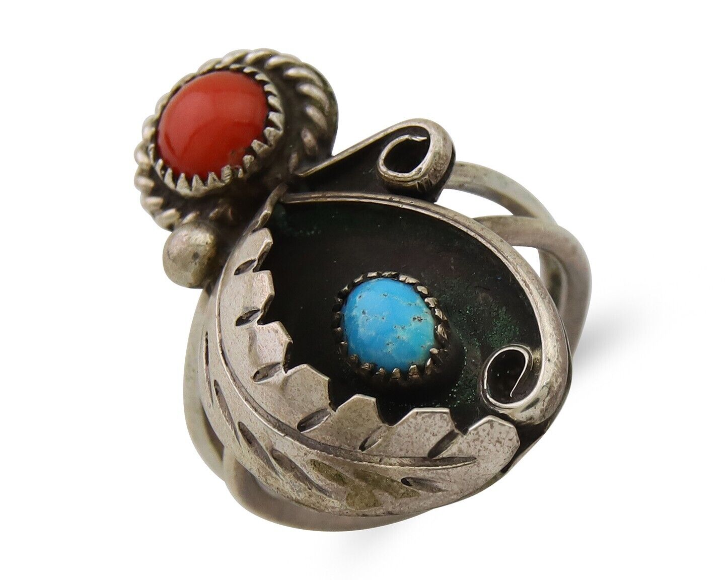 Navajo Handmade Ring 925 Silver Turquoise & Coral Native Artist C.80's