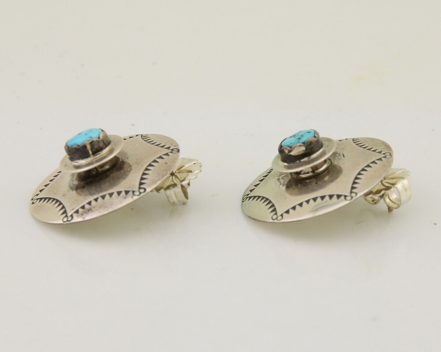 Navajo Hand Stamped Earrings 925 Silver Natural Turquoise Native Artist C.80's