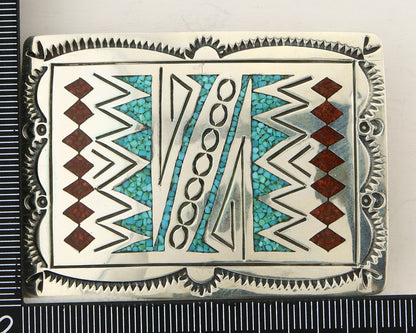 Navajo Belt Buckle 925 Sterling Silver Turquoise Coral Signed Stanley Bains C80s