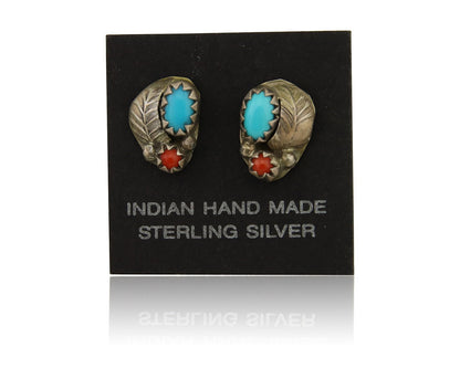 Navajo Earrings 925 Silver Natural Coral & Turquoise Native Artist C.80's
