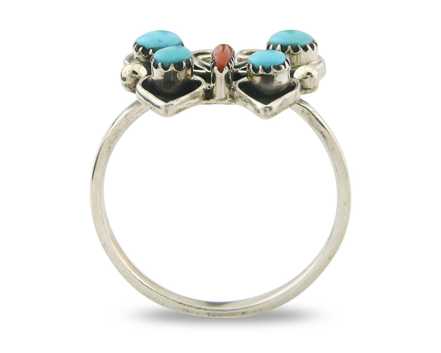 Navajo Butterfly Ring 925 Sterling Silver Authentic Turquoise & Coral Size 7.25