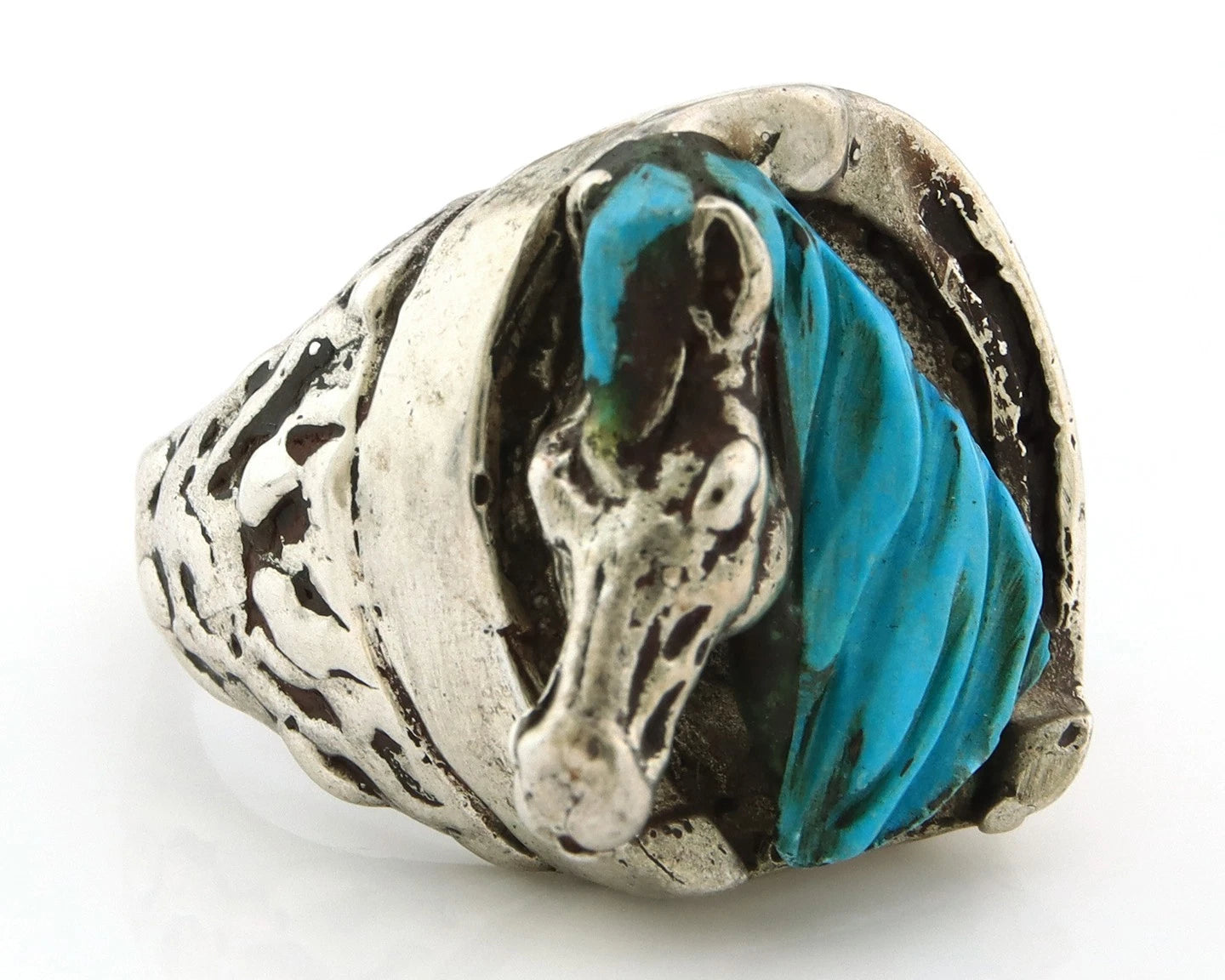 Navajo Horse Ring Sterling Silver Turquoise Signed Johnny BlueJay Size 9.25