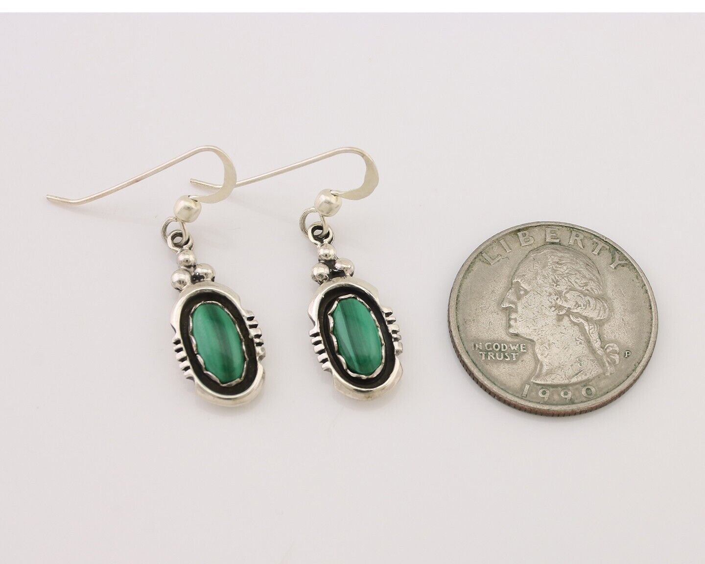 Navajo Dangle Earrings 925 Silver Natural Malachite Native American Artist C.80s