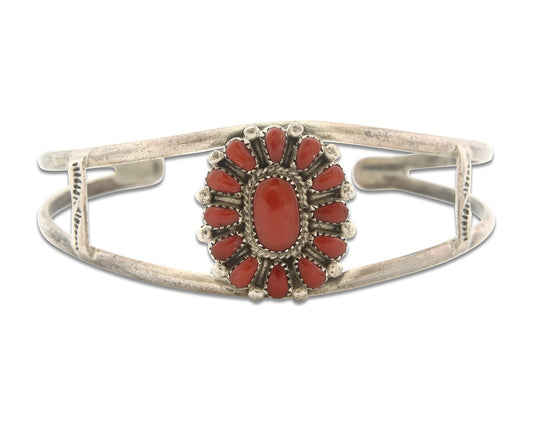 Vintage Navajo Bracelet 925 Silver Red Coral handmade Signed Besseleni