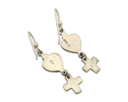 Navajo Earrings 925 Silver Heart Cross Turquoise Native American Artist C.80's