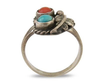 Navajo Handmade Ring 925 Silver Coral & Turquoise Native Artist C.80's