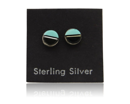 Navajo Earrings 925 Silver Inlaid Natural Onyx & Turquoise Native American C.80s