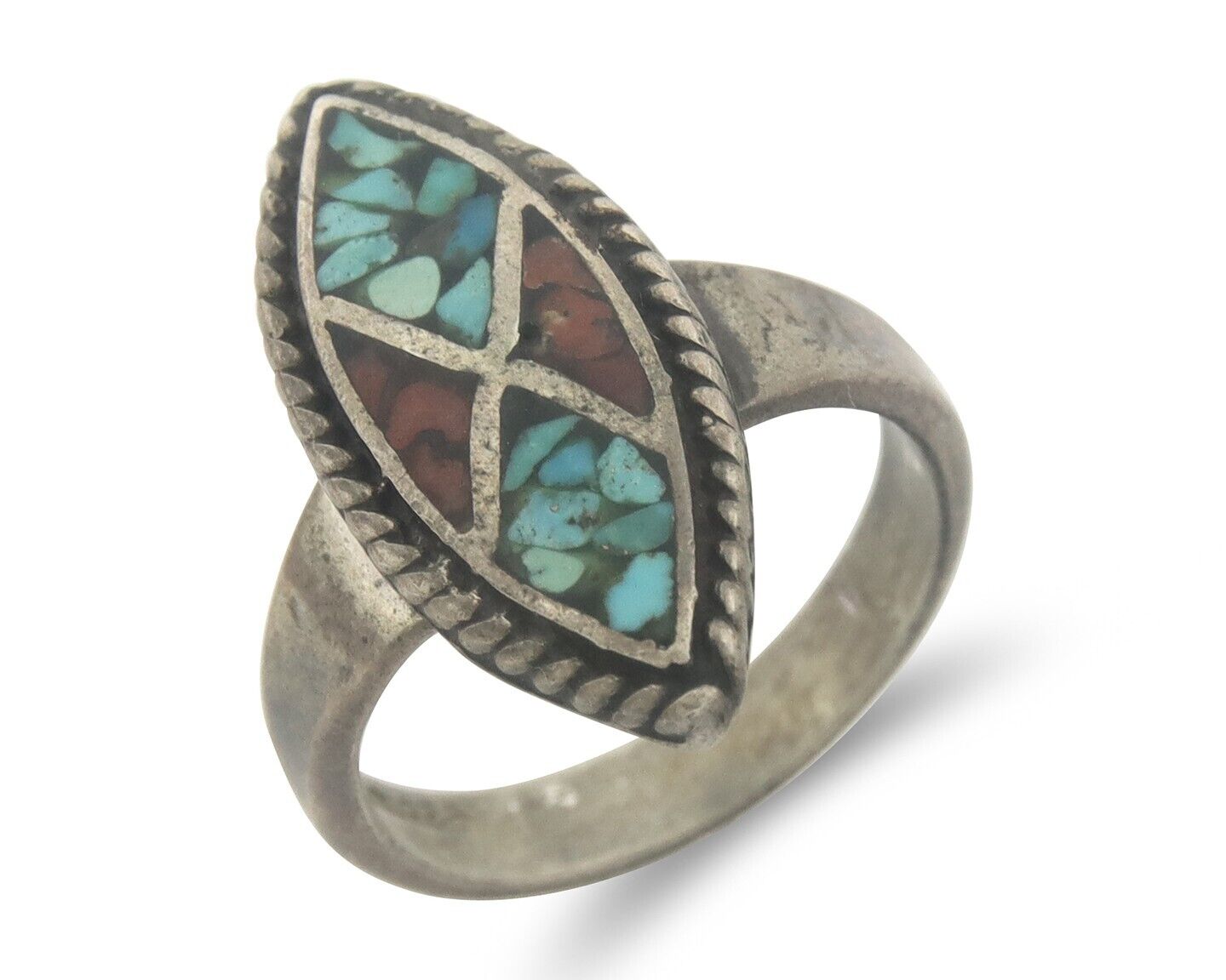 Navajo Ring 925 Sterling Natural Chip Inlay Coral & Turquoise C.80's Size 5.25
