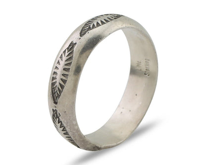 Navajo Hand Stamped Band 925 Silver 6.0 mm Signed Larry Chavez Size 10.25 C.80's