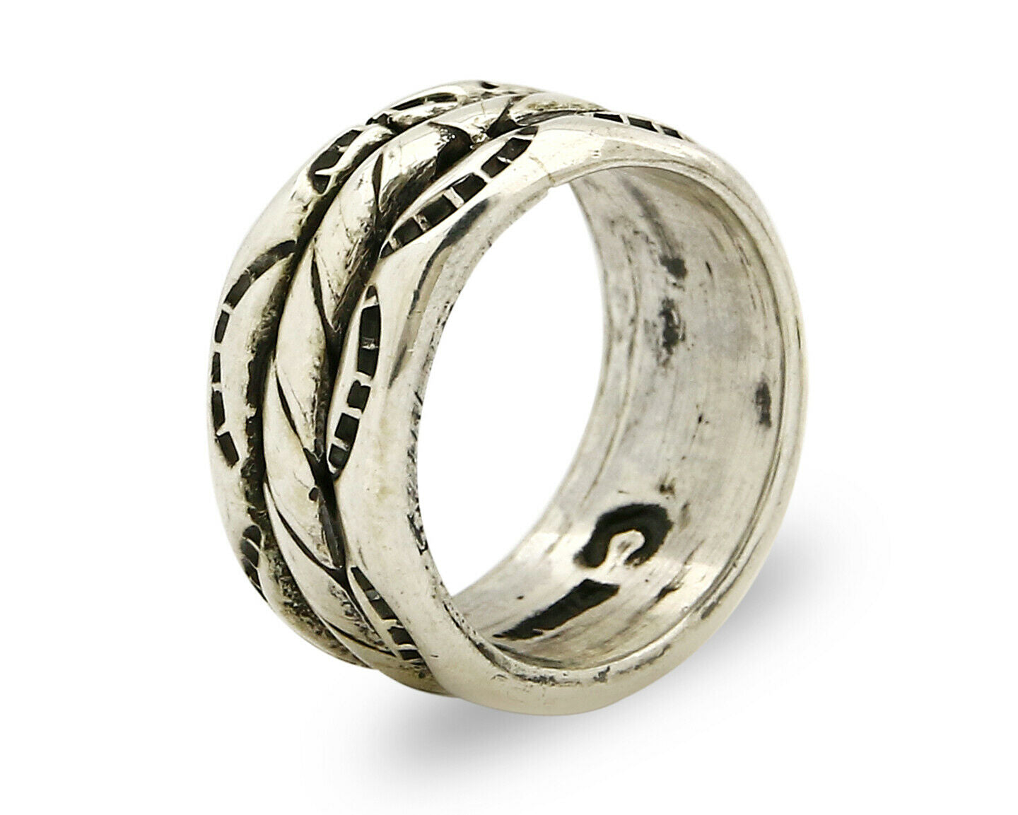 Navajo Ring .925 Silver Handmade Hand Stamped 3 Row Rope Band C.1980s Size 4.75