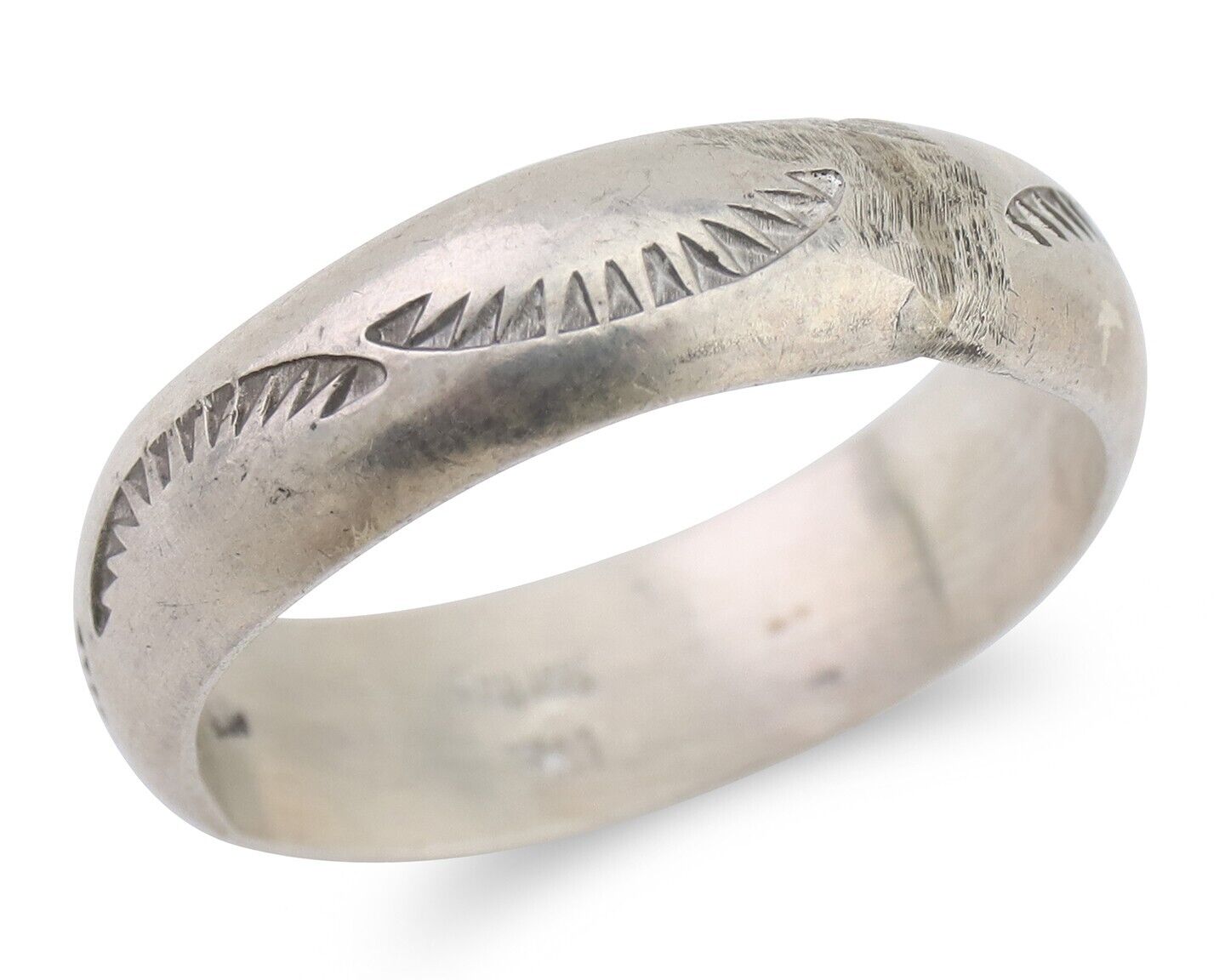 Navajo Hand Stamped Band 925 Silver 6.0 mm Signed Larry Chavez Size 10.25 C.80's