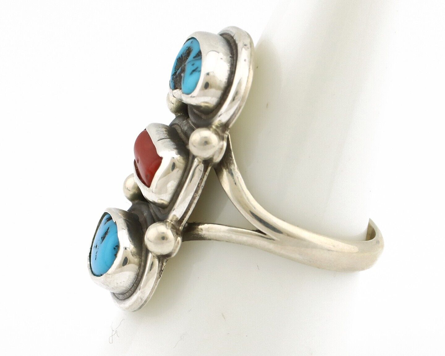 Navajo Ring 925 Silver Sleeping B Turquoise & Coral Native American Artist C.80s