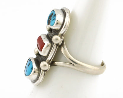 Navajo Ring 925 Silver Sleeping B Turquoise & Coral Native American Artist C.80s