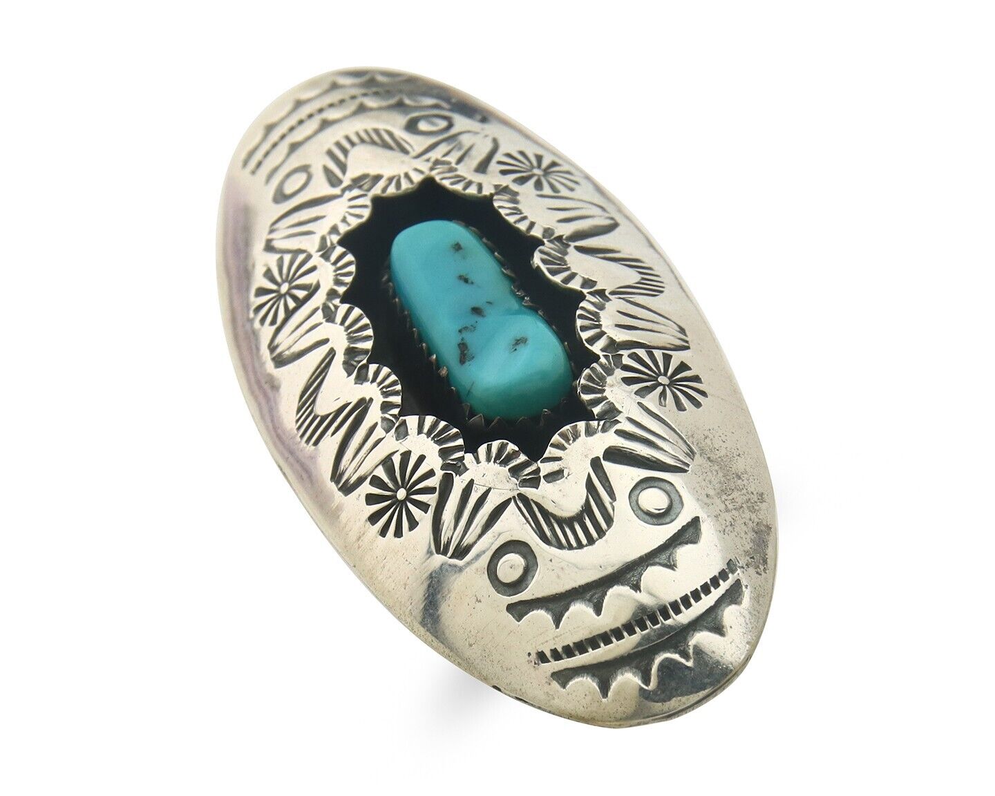 Navajo Ring 925 Sterling Turquoise Hand Stamped Signed J Martinez C.80's Sz 7.5