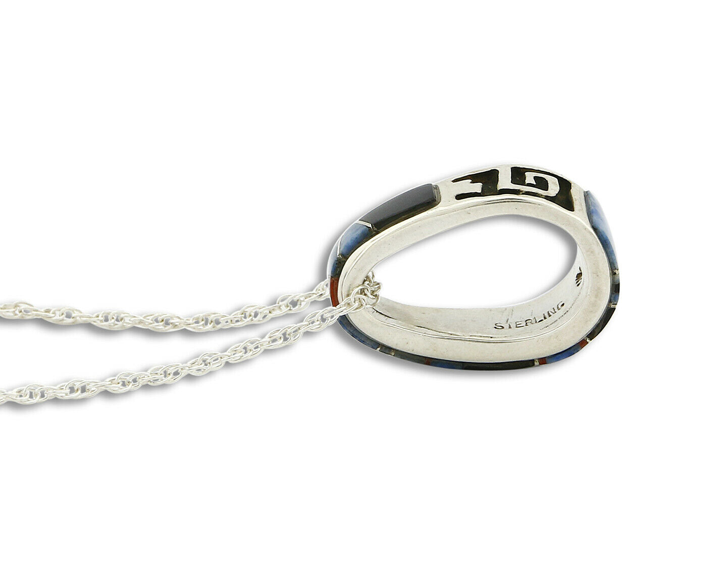 Navajo Inlaid Gemstone Pendant .925 Silver Handmade Signed Mouse Logo C.80's