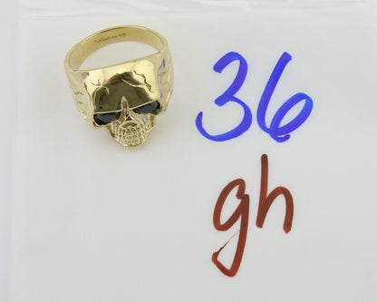 Men 14k SOLID Gold Skull Ring Black Glass Eyes Size 12