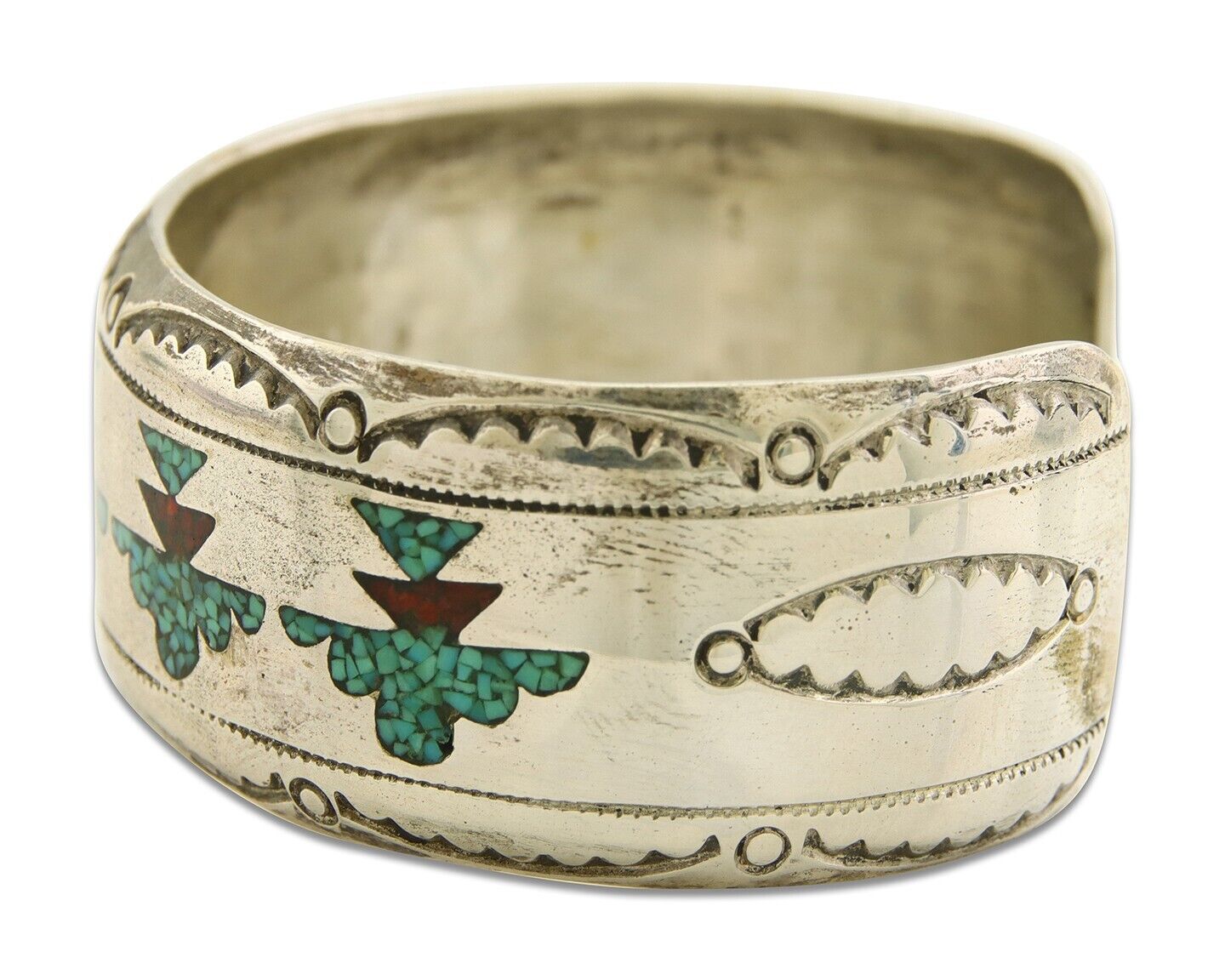 Navajo Bracelet 925 Silver Inlaid Coral & Turquoise Cuff Artist Signed LB C.80's