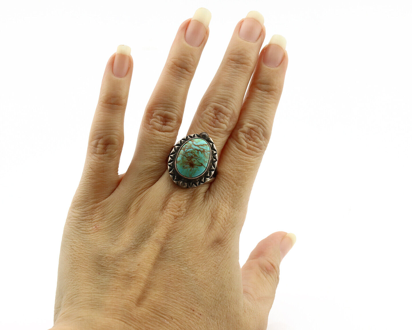 Navajo Ring .925 Silver Kingman Turquoise Artist Signed Gecko C.1980's
