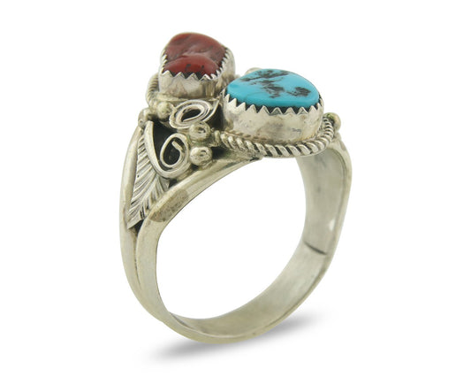 Men Navajo Ring 925 Sterling Natural Coral & Turquoise Signed JM C.80's Sz 12.25