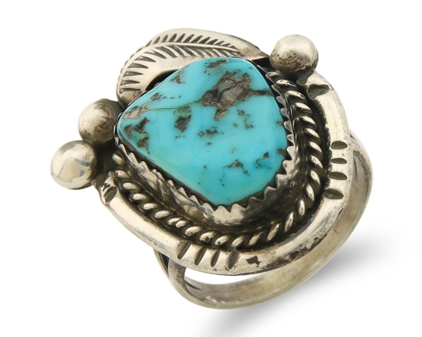Navajo Ring 925 Sterling Natural Blue Turquoise Native Artist C.80's Size 5.75